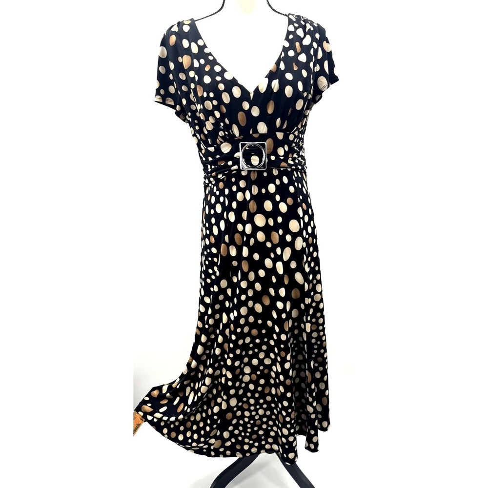 VTG Polka Dots Midi Flare Hem Dress 16 Built in Belt Classic Retro Charm Cottage